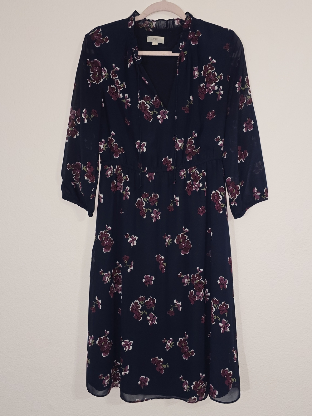 LOFT Navy Floral Long Sleeve Midi Dress